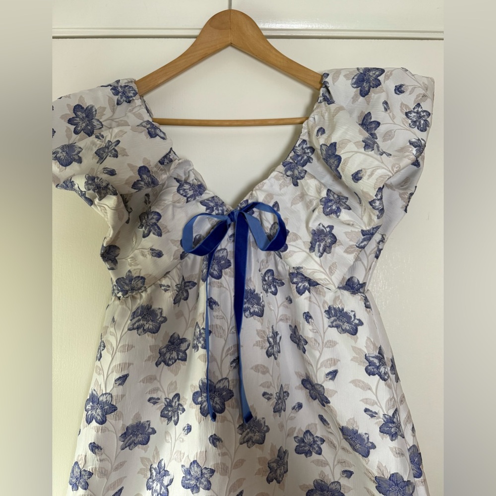 🆕 Day + Moon Floral Jacquard Puff Sleeve Mini Dress Regencycore Cottagecore Chic - Picture 3 of 12